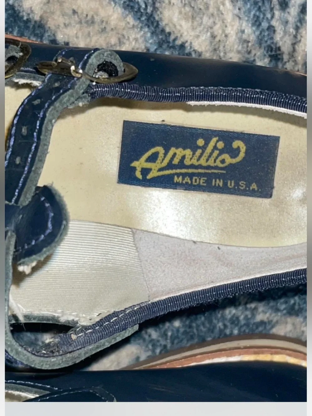 Vintage Amilio Navy Blue Leather Dbl T-Strap Mary Jane Shoes Girls Size 12 USA
